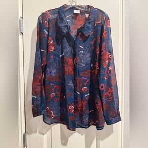 CAbi sheer long sleeve poet blouse. Navy with paisley floral design.